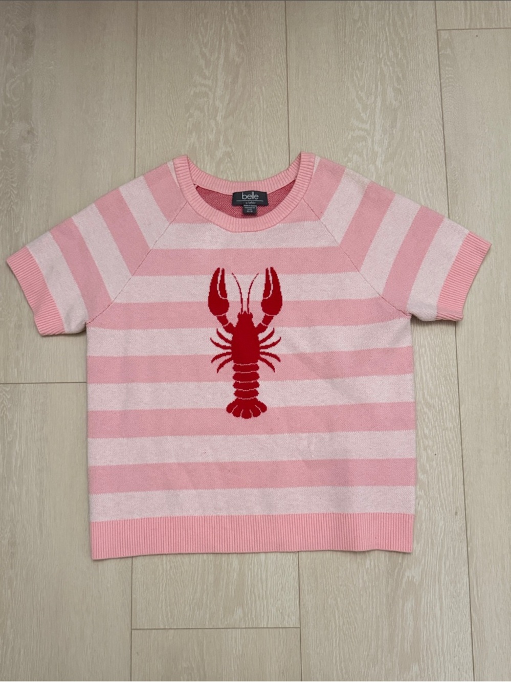 Belldini Pink Striped Sweater Tee with Red Lobster Motif